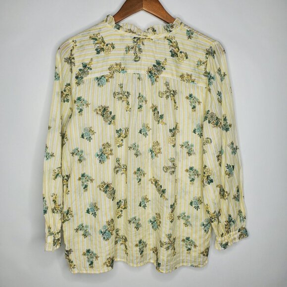 LOFT Womens Floral Blouse Size M Yellow Green Pintucked Tie Neck Cottage Core - Picture 3 of 9